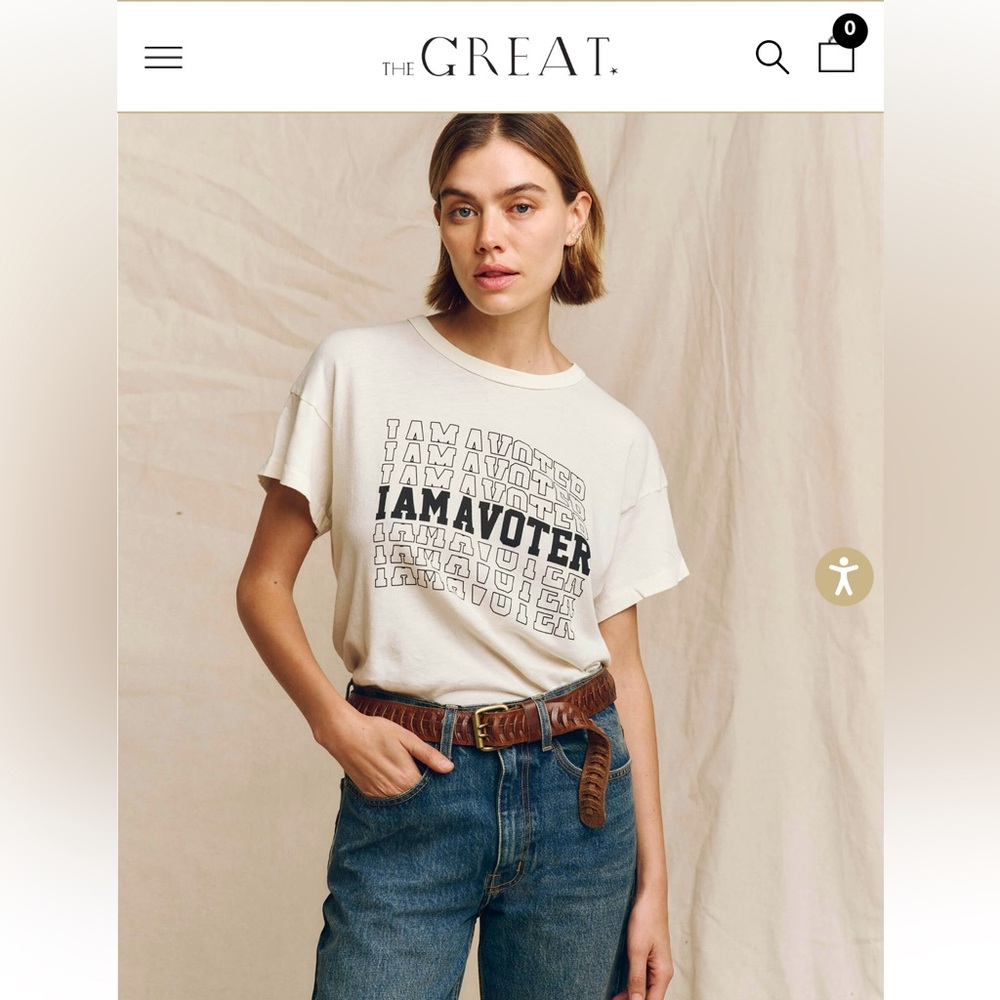 THE GREAT. I AM A VOTER CREW TSHIRT SIZE 1 IN WASHED WHITE